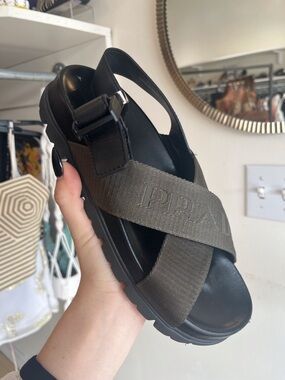 Prada Army Green Canvas Cross-Strap Platform Sandals with Black Sole